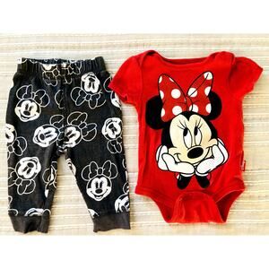 Disney Red Minnie Mouse Snap Bodysuit with Black Mickey sweat pants NB/0/3 mos